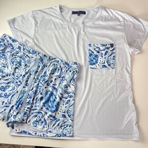 Simply Southern Pajama Set Womens Medium Blue White Abstract Pocket Tee Shorts
